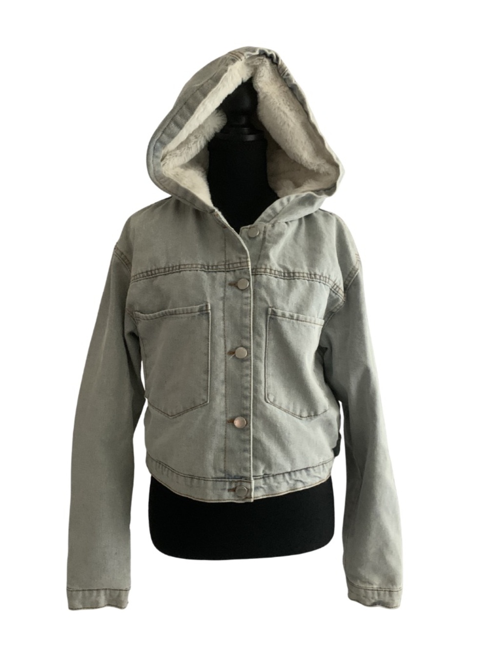 Hooded Sherpa-Lined Cropped Jean Jacket Light Denim Women's M Y2K Retro Indie
